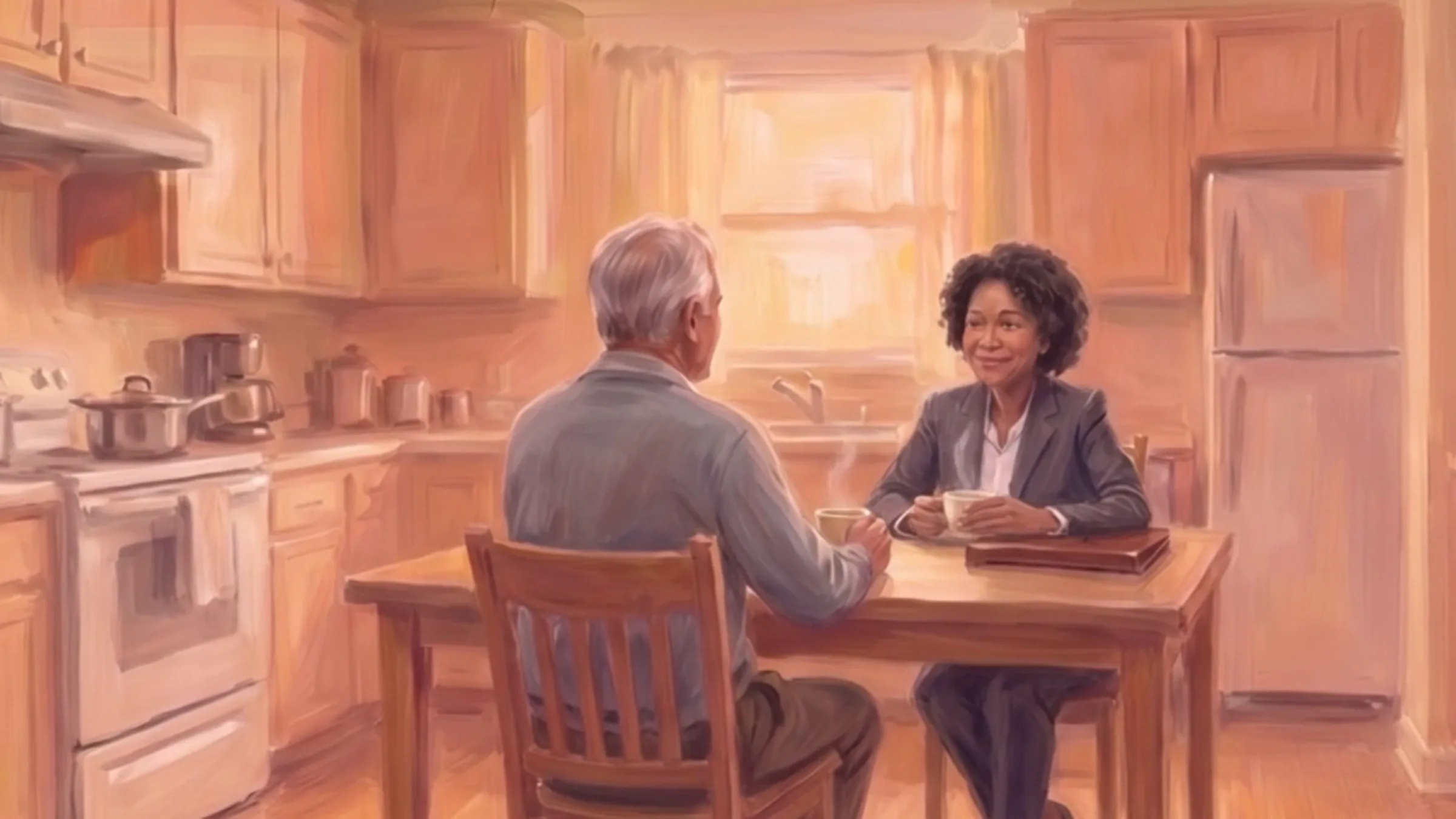 An older man and a fundraiser share coffee and eye contact at the same kitchen table in morning light.