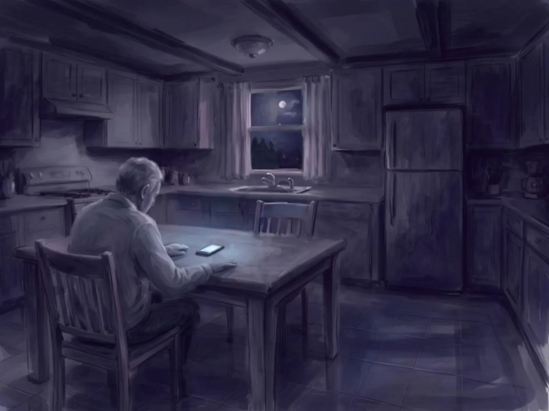 A man alone at his kitchen table at night, a phone glowing in front of him and an empty chair across the table.